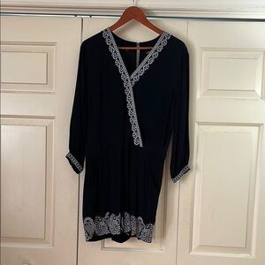 LOFT Black Long Sleeve Romper  With Embroidered V-front cuffs and hem